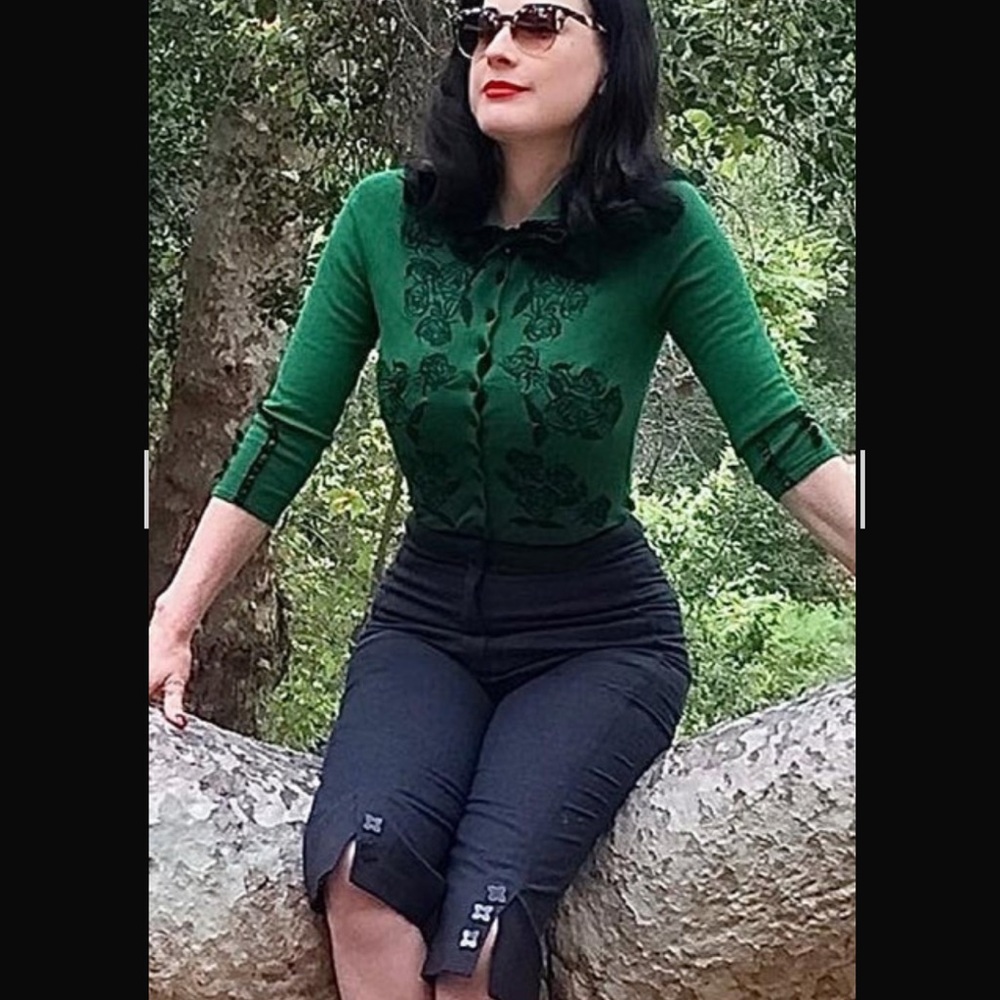 Green Floral-Detail Cardigan Sweater